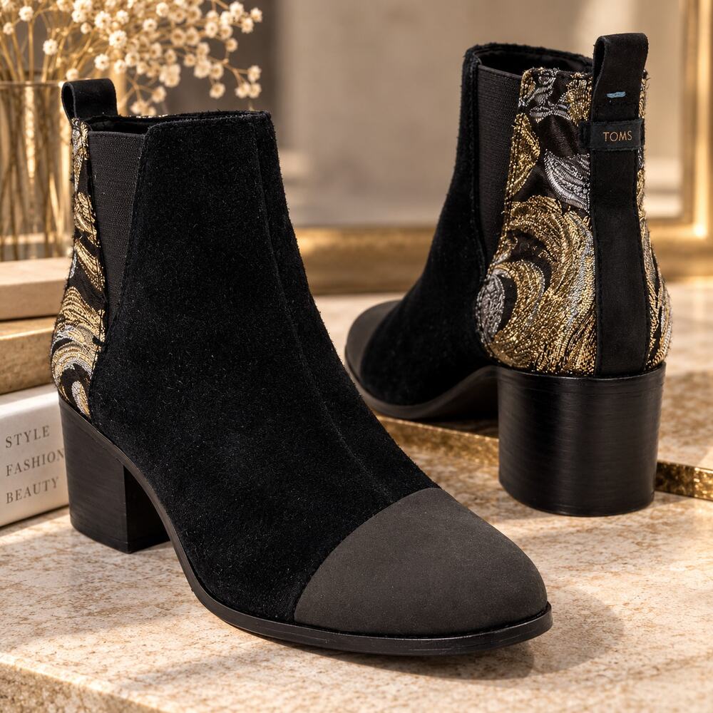 TOMS Black Suede Metallic Brocade Cap Toe Ankle Boots – Women’s 8